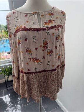 Maurices Cream Floral Tunic with Burgundy Trim